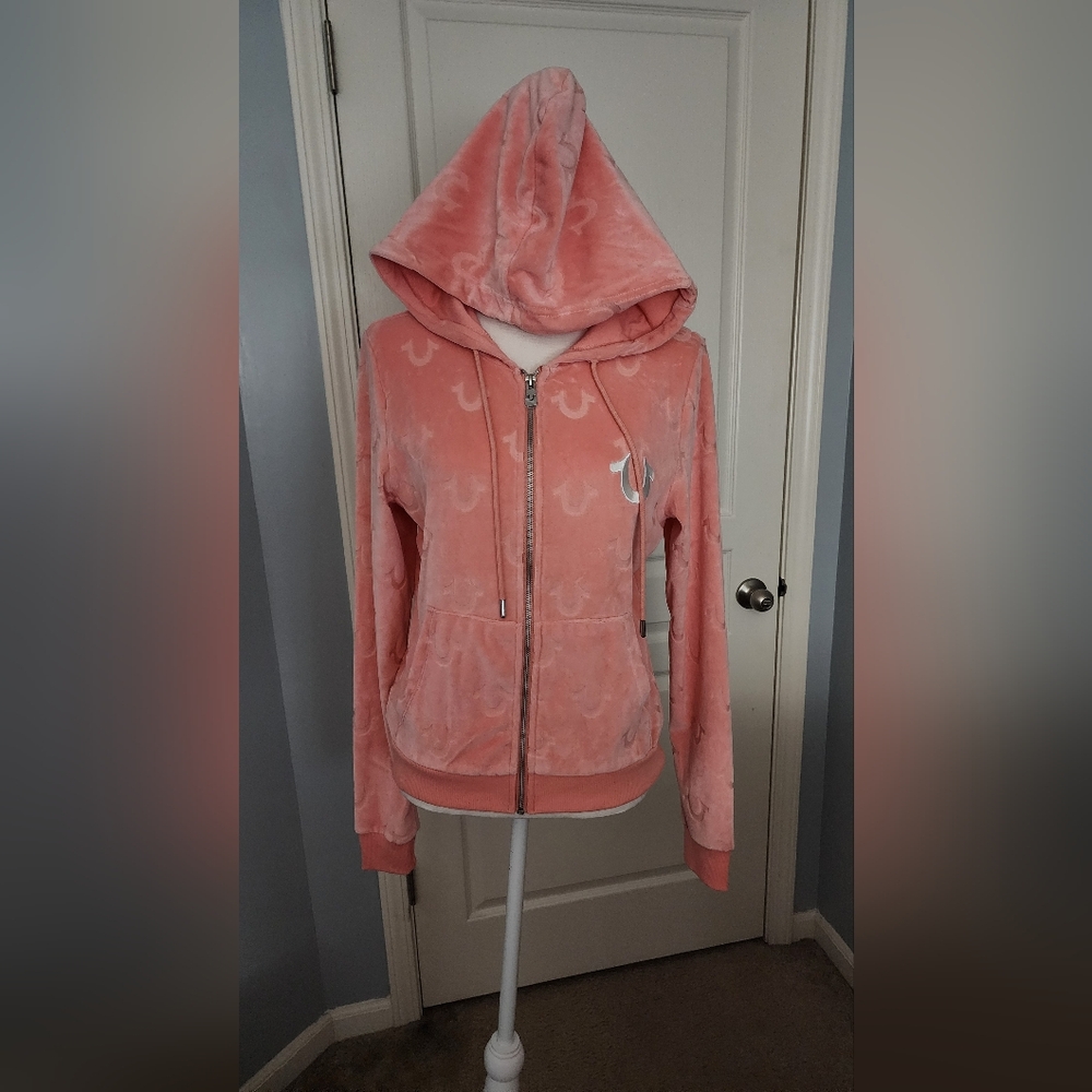 NWT- True Religion Velour Zip Hoodie in Coral Almond, Size Medium
